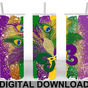 Mardi Gras Mask Feather fleur-de-lis Glitter Seamless 20 oz Skinny Straight Tapered Tumbler Sublimation Design PNG Digital Download Add text