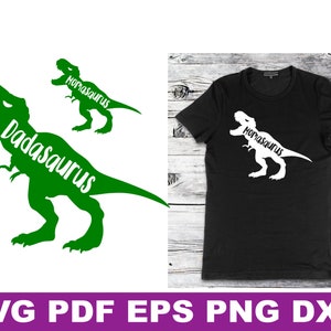 May include: Green dinosaur silhouette with the text "Dadasaurus" and a smaller green dinosaur silhouette with the text "Momosaurus". A black t-shirt with a white dinosaur silhouette with the text "Momosaurus" on it.