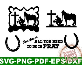 Könnte beinhalten: Schwarzweißes Silhouettendesign einer Person, die mit einem Pferd und einem Kreuz im Gebet kniet. Der Text "Sometimes all you need to do is pray" befindet sich unter dem Bild. Auf beiden Seiten des Textes befinden sich zwei Hufeisen-Silhouetten.