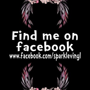 May include: Black background with text that reads "Find me on facebook" and a website address. The text is surrounded by floral designs with pink flowers and dark leaves. The overall design is elegant.
