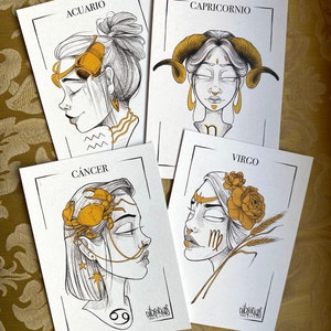 SHEET HOROSCOPE, zodiac, aquario, cancer, capricorn, virgo. Original print, artwork. astrology