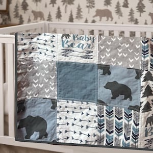 Woodland Bear Crib Size Patchwork Baby Quilt