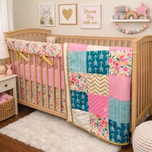 Handmade Floral Arrow Crib Bedding Set – Minky Quilt, Skirt & Rail Guard
