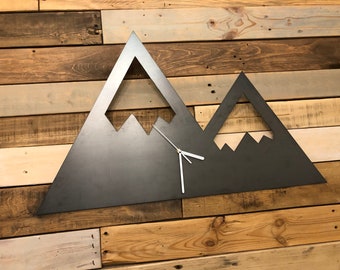 May include: A metal wall clock shaped like a mountain range with white clock hands. The clock is mounted on a wood panel wall.