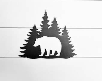 Metal Bear - Grizzly Bear Scene - Bear Wall Art - Cabin Decor - Tree Wall Art