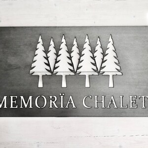 May include: A metal sign with a silhouette of five pine trees and the text "MEMOR&Auml; CHALETS".