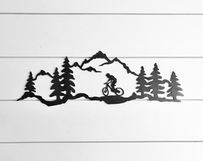 Downhill Mountain Bike Sign - Mountain Range with Bike - Mountain Biking - Cyclist - Biker - Metal Wall Art - Bike Wall Art