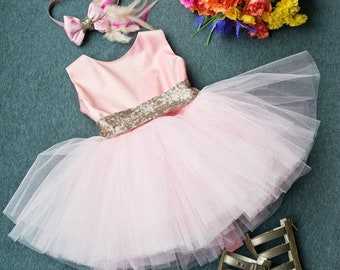 PINK GLAMOR- Girl Dress and Hand-made hair accessory
