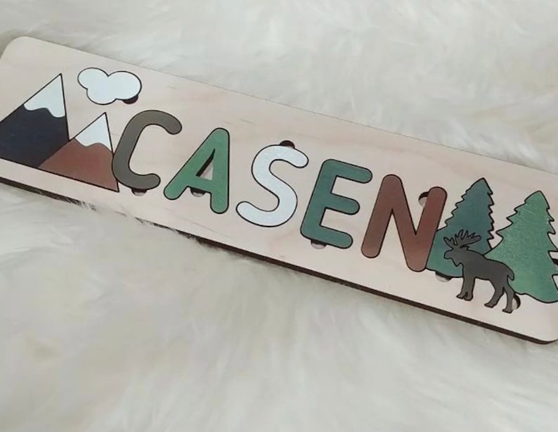 Personalized wilderness woodland wooden name dump out puzzle Montessori wooden puzzle laser cut wooden puzzle nursery decor image 5