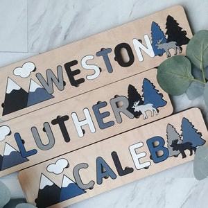 Personalized wilderness woodland wooden name dump out puzzle Montessori wooden puzzle laser cut wooden puzzle nursery decor image 1