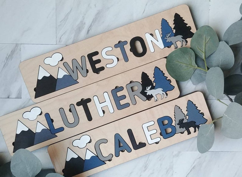 Personalized wilderness woodland wooden name dump out puzzle Montessori wooden puzzle laser cut wooden puzzle nursery decor image 1