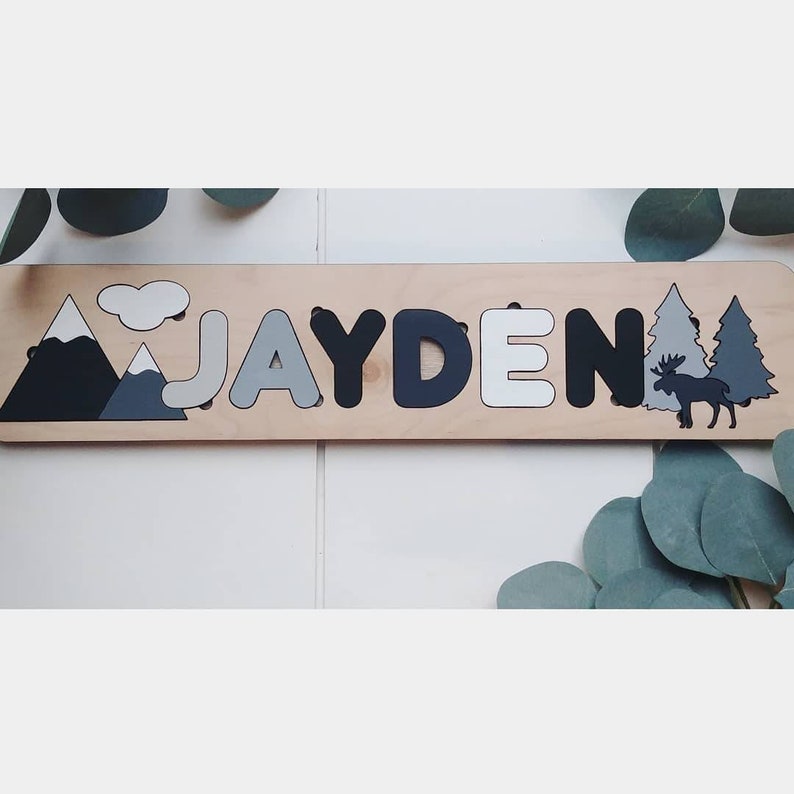 Personalized wilderness woodland wooden name dump out puzzle Montessori wooden puzzle laser cut wooden puzzle nursery decor image 7