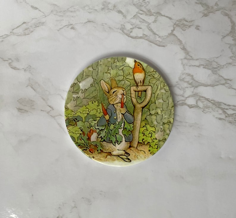 May include: A white ceramic plate featuring a colourful illustration of a rabbit holding a carrot and a robin perched on a spade. The rabbit is wearing a blue jacket and the background is a green garden.