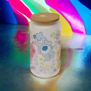 Carebears Sublimation Glass Cup with Bamboo Lid and Straw