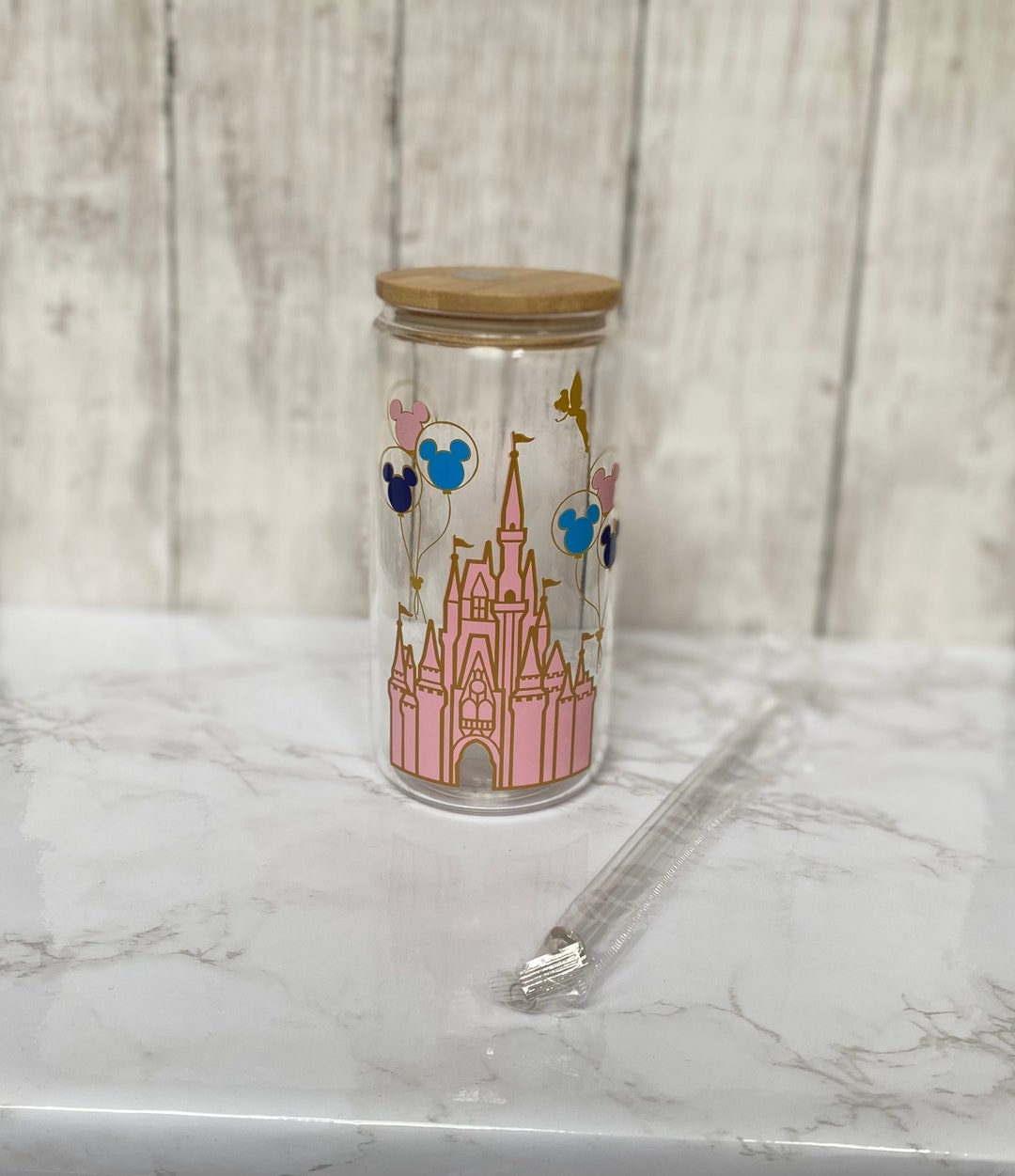 Princess Glass Containers Princess Castle Vinyl Glass Cup With Bamboo Lid and Straw - Etsy