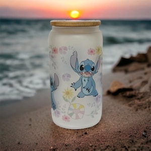 Stitch Sublimation Glass Cup with Bamboo Lid and Straw
