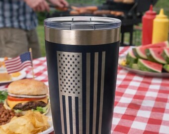 American Flag Engraved Tumbler | Stainless Steel Insulated Travel Mug | Patriotic Drinkware | USA Pride Gift | 20 oz Custom Cup