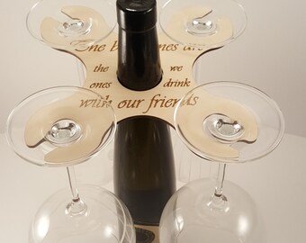 Wood Wine Butler- Wine Accessories, Laser Cut, Holds 4 glasses on bottle neck