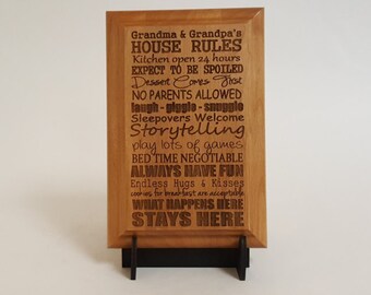 Grandma and Grandpa's House Rules Engraved Wood Plaque, 4" X 6"