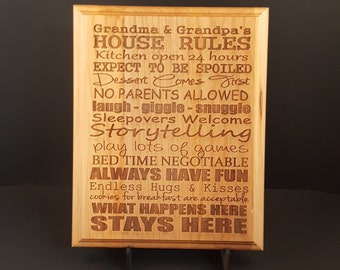 Grandma and Grandpa's House Rules Engraved Wood Plaque, 9" X 12"