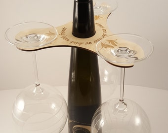 Wood Wine Butler- Wine Accessories, Laser Cut, Holds 3 glasses on bottle neck