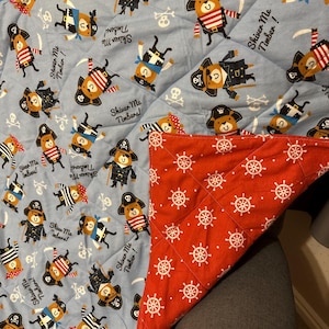 Handmade Quilted Flannel Baby Blanket: Teddy Bear Pirates