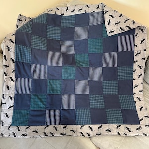 Homemade Baby boy quilt. Comfortable baby blanket made with flannel 41” x 41” blue and grey with moose - cabin vibes