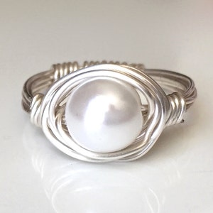 Pearl Ring/Glass Pearl/Handmade/Off White/SilverRing/Gold Ring/Wire Wrapped/Elegant/Gift/Sizes 4-10 including half sizes.