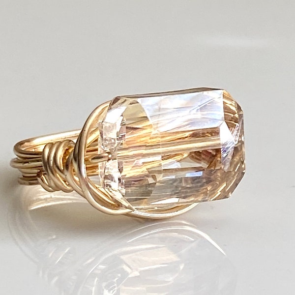 Gold Crystal Ring Wire Wrapped Rectangle Statement Ring Champagne