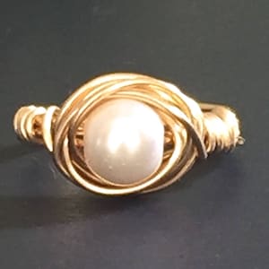 Pearl Ring Glass Pearl Handmade Off White Gold Ring Wire Wrapped Elegant Going Away To School Gift!