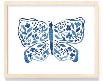 American Blue Butterfly 8x10 Watercolor Art Print