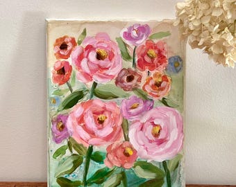 Zinnia Garden Watercolor Canvas Painting for Home 8x10