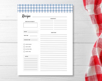 PRINTABLE Gingham Recipe Filler Pages || 8.5x11 Recipe Page || Instant Digital Download Designs || PDF Recipe Pages for Binder