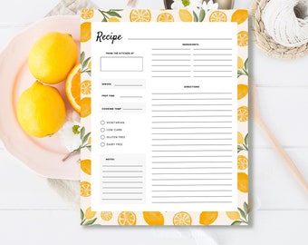 PRINTABLE Lemon Recipe Filler Pages || 8.5x11 Recipe Page || Instant Digital Download Hand Drawn Designs || PDF Recipe Pages for Binder