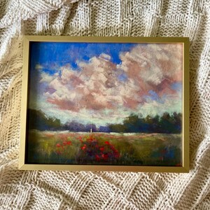Poppy Fields and Blue Skies Gold Framed Soft Pastel Painting Gift for Home