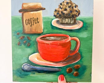 Coffee Cup Acrylic Painting: Nostalgic Diner Art, Coffee Cozy Gift