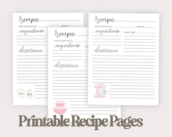 PRINTABLE Recipe Keepsake Filler Pages || 8.5x11 Pages Digital Download || Kitchen Essentials Watercolor Designs || Recipe Pages for Binder