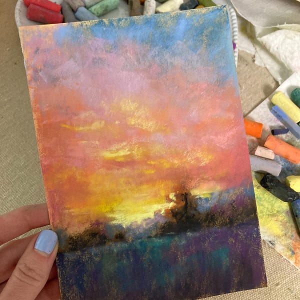 Un nuevo amanecer sobre los prados de flores silvestres + Paisajes sencillos con nubes tenues. Pinturas originales en tonos pastel suaves.