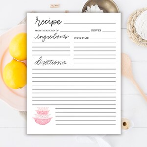 May include: Printable recipe card template with the words "recipe", "ingredients", and "directions" written in cursive. The card has lines for writing down the recipe title, serving size, cook time, ingredients, and directions.