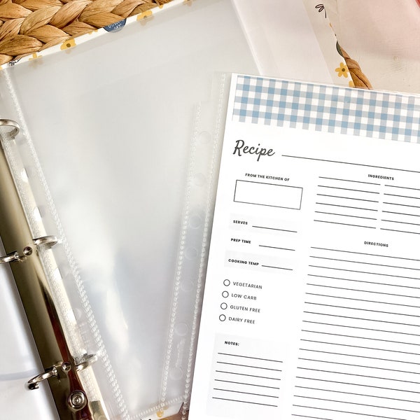 MINI Recipe Sheet Protector Paper for MINI 3 Ring Binder || 5.5 x 8.5 Half Sheets for Kitchen Organization || Kitchen Recipe Binder