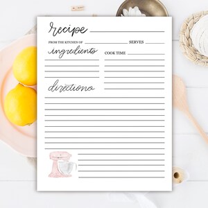 May include: A printable recipe card with a pink and white kitchen mixer illustration. The card has lines for writing down the recipe name, ingredients, directions, cook time, and servings.