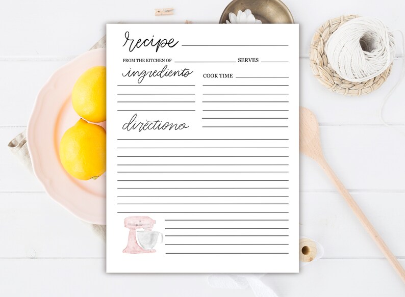 May include: A printable recipe card with a pink and white kitchen mixer illustration. The card has lines for writing down the recipe name, ingredients, directions, cook time, and servings.