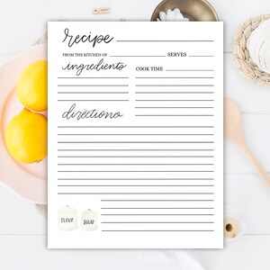 May include: Printable recipe card template with a white background and black lines. The text "recipe" is written in cursive at the top of the card. The words "ingredients" and "directions" are also written in cursive. The card has spaces for the name of the recipe, the number of servings, the cook time, and a list of ingredients and directions.