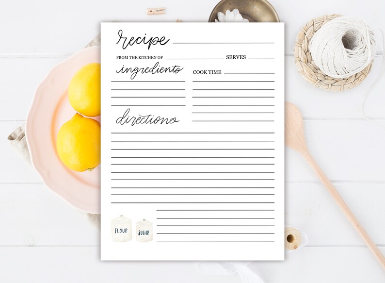 May include: Printable recipe card template with a white background and black lines. The text "recipe" is written in cursive at the top of the card. The words "ingredients" and "directions" are also written in cursive. The card has spaces for the name of the recipe, the number of servings, the cook time, and a list of ingredients and directions.