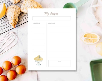 PRINTABLE Lemon Strawberry Utensil Recipe Filler Pages || 8.5x11 Recipe Page || Instant Digital Download Page || PDF Recipe Pages for Binder