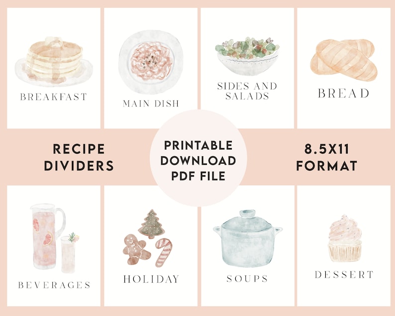 Watercolor Recipe Binder Dividers: Vintage Kitchen Art (digital ...
