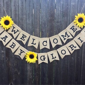 Sunflower Baby Shower Burlap Banner- Bridal Shower- Wedding Decorations- Burlap- Rustic- Happy Birthday- Save The Date- Fall