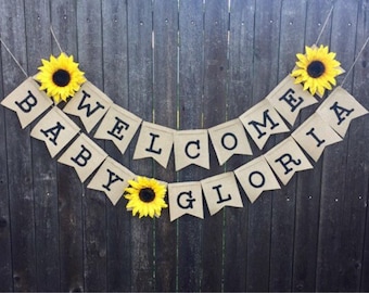 Sunflower Baby Shower Burlap Banner- Bridal Shower- Wedding Decorations- Burlap- Rustic- Happy Birthday- Save The Date- Fall