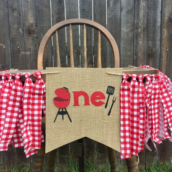 BabyQ or BBQ First Birthday Highchair Banner- Party- Gingham Fabric- Cake smash- Picnic- Grill