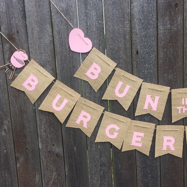 Bun In The Oven, Burgers On The Grill Gender Reveal Burlap Banner- Party - BBQ - Baby Announcement- BabyQ- Picnic- Baby Shower - Girl- Pink